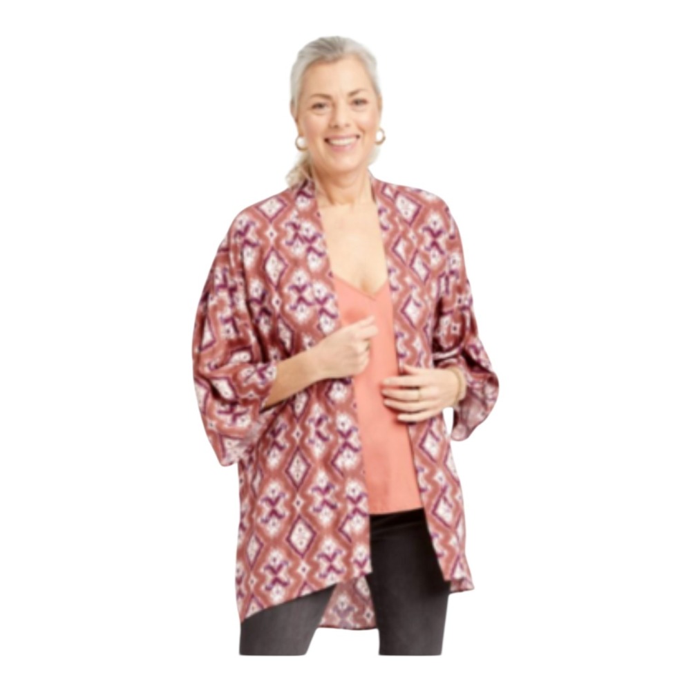 Knox Rose Women's XS/S Cognac Print Boho Brown Purple Floral Swim Cover Kimono